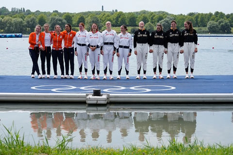 Women's quadruple sculls rowing: Silver medalists, Netherland, gold medalists, Britain and bronze medalists, Germany